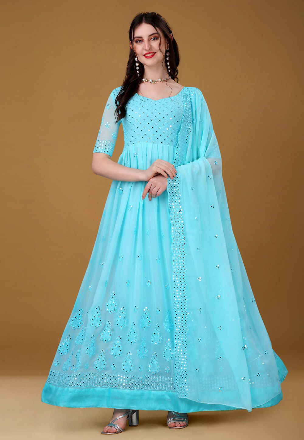 Sky Blue Faux Georgette Abaya Style Anarkali Suit 266540