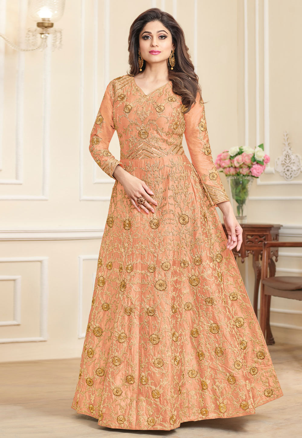 Shamita Shetty Peach Silk Long Anarkali Suit 157320