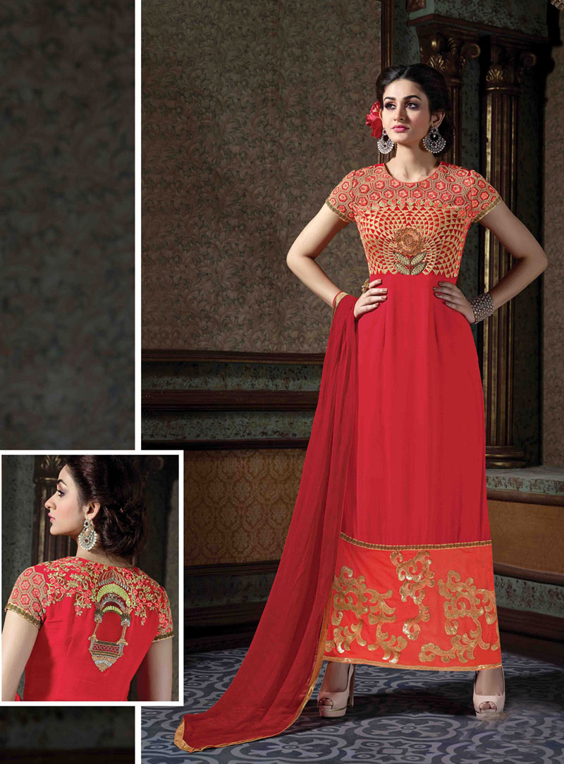 Red Faux Georgette Straight Cut Suit 67466