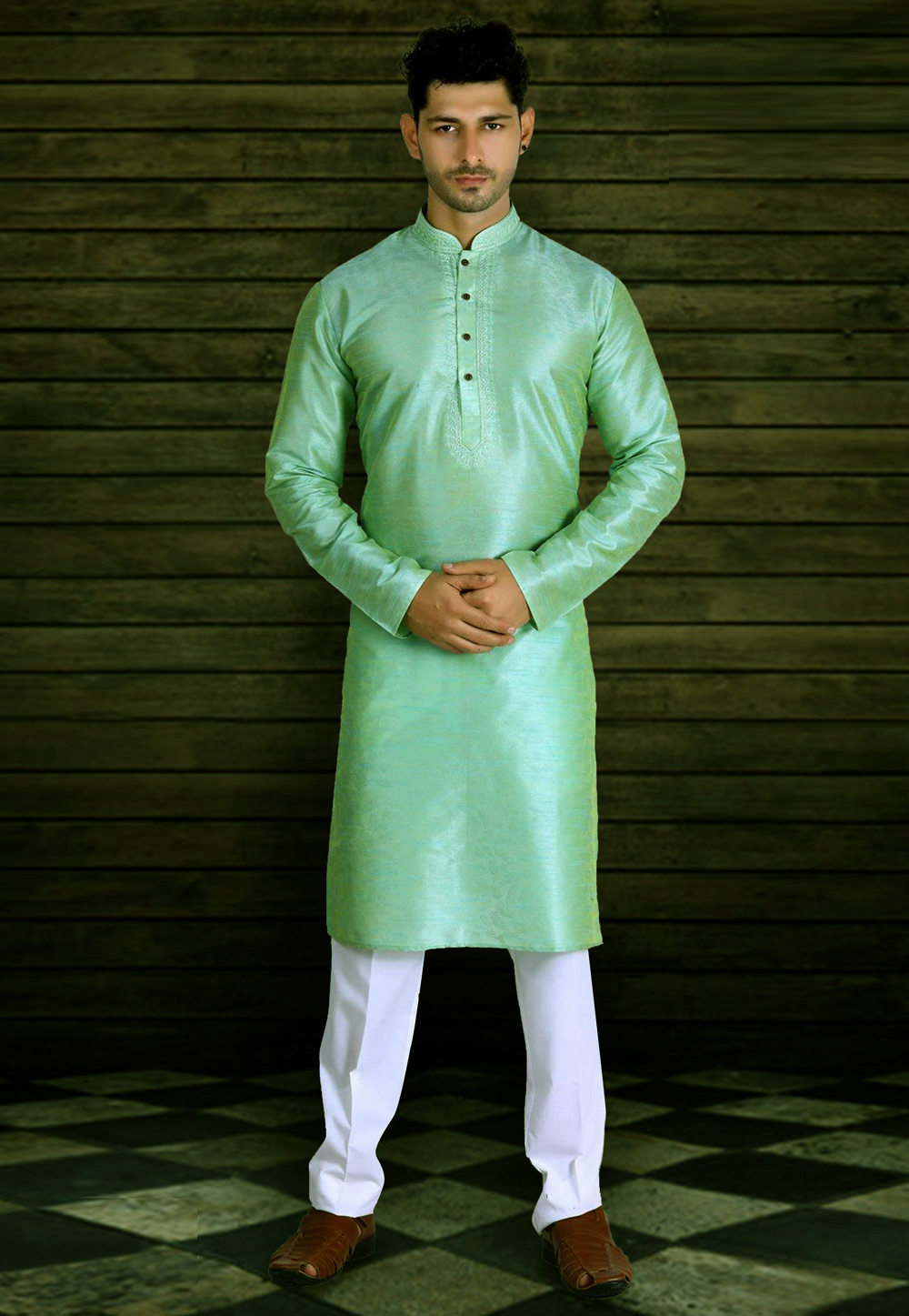 Green Art Silk Readymade Kurta Pajama 215756