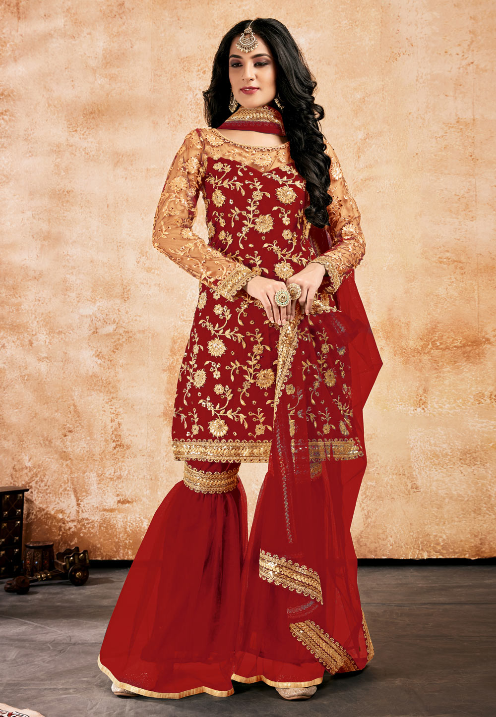 Red Net Sharara Suit 235940