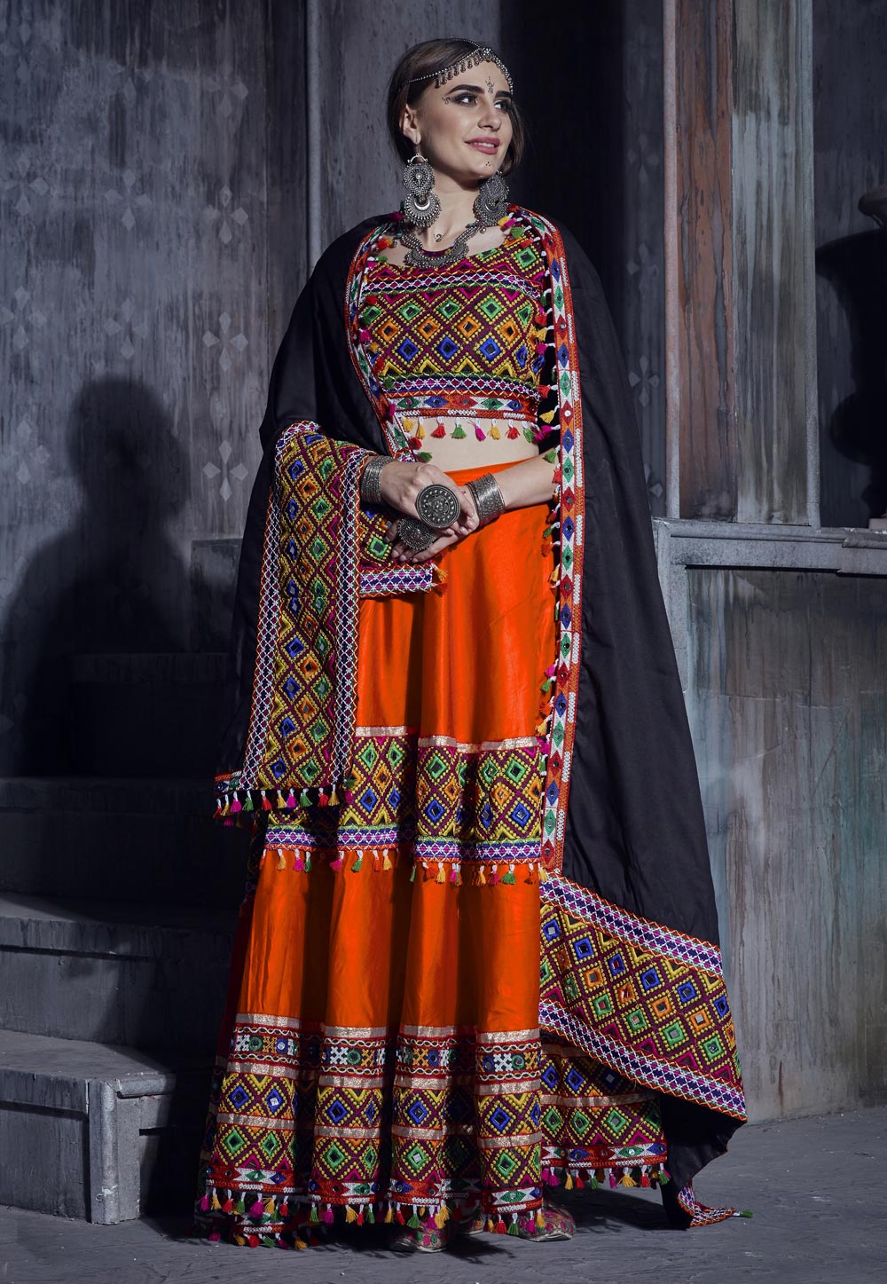 Art silk Navratri Chaniya Choli in Orange with Embroidered - LC5722