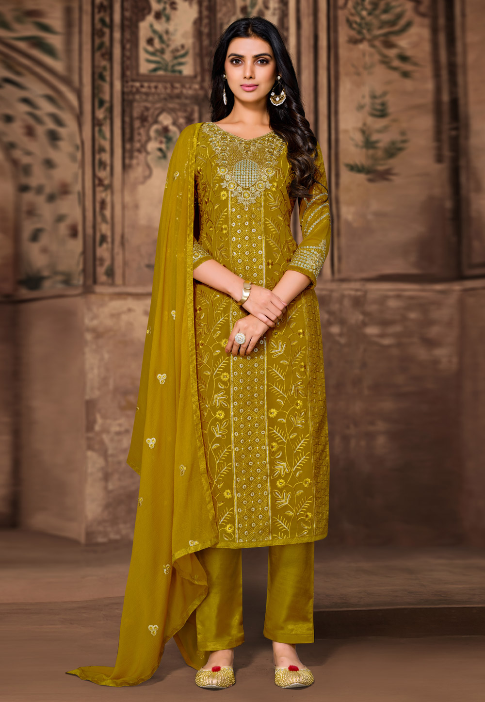 Mustard Georgette Pant Style Suit 232608