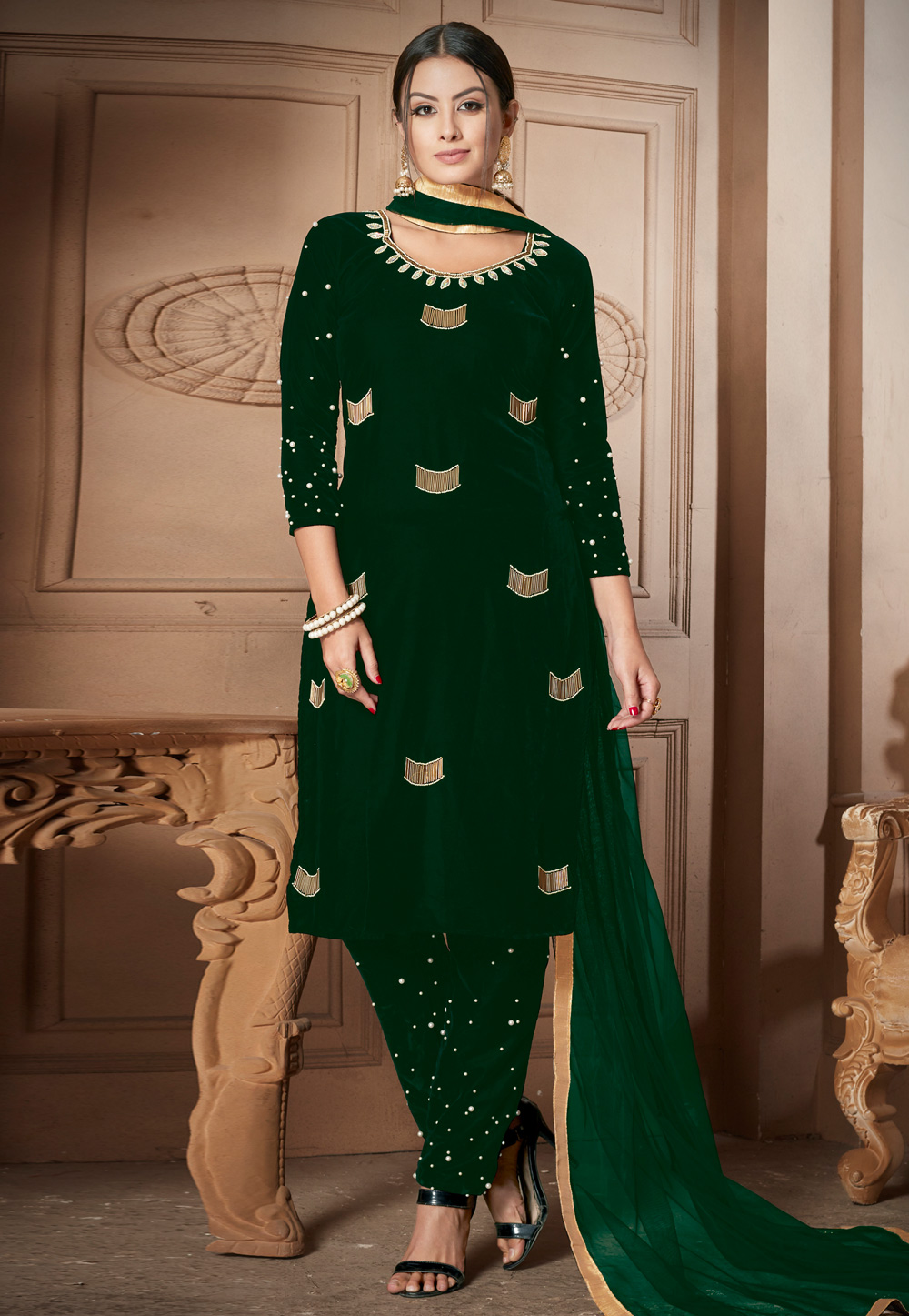 Green Velvet Pakistani Style Suit 161124
