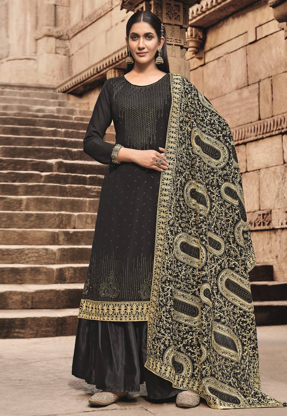 Palazzo Suits : Black georgette thread embroidery work sara ...