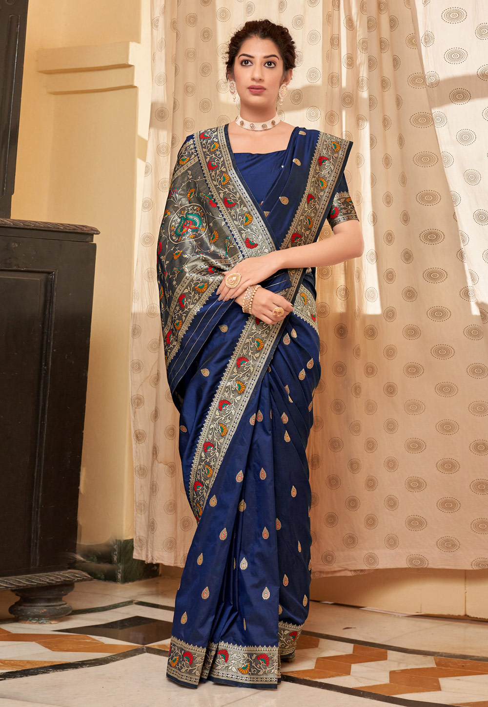Navy Blue Banarasi Silk Festival Wear Saree 237075
