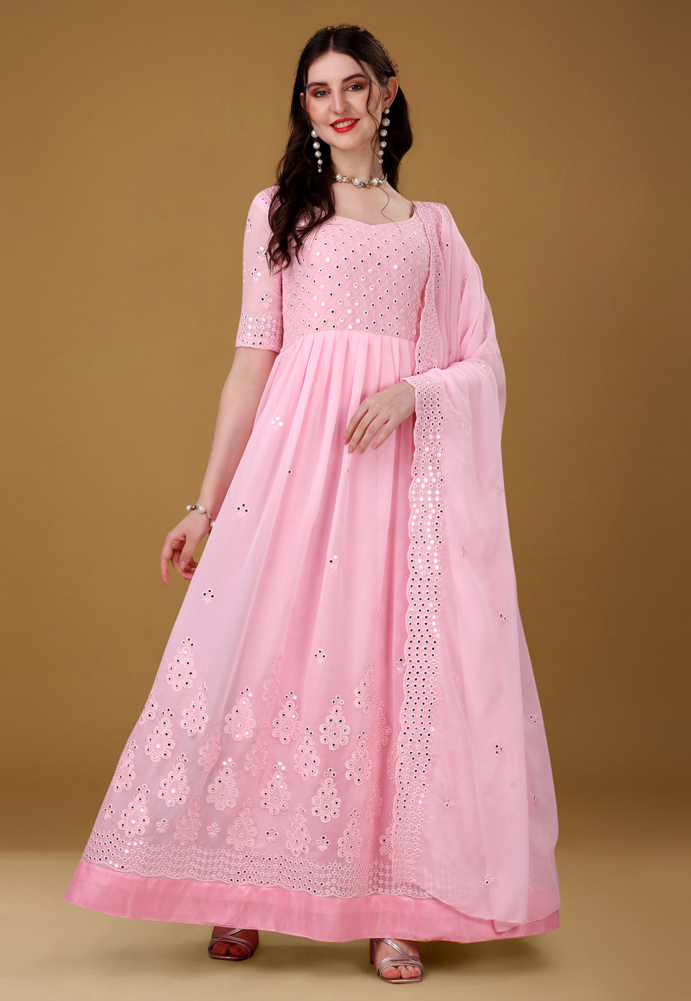 Light Pink Faux Georgette Abaya Style Anarkali Suit 266542