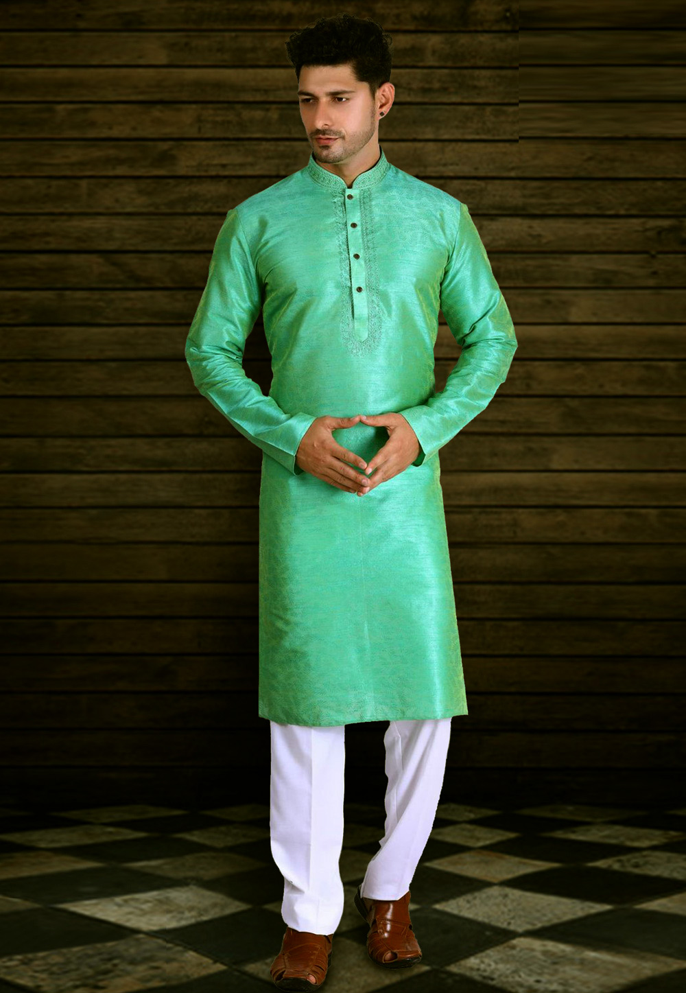 Green Art Silk Readymade Kurta Pajama 215758