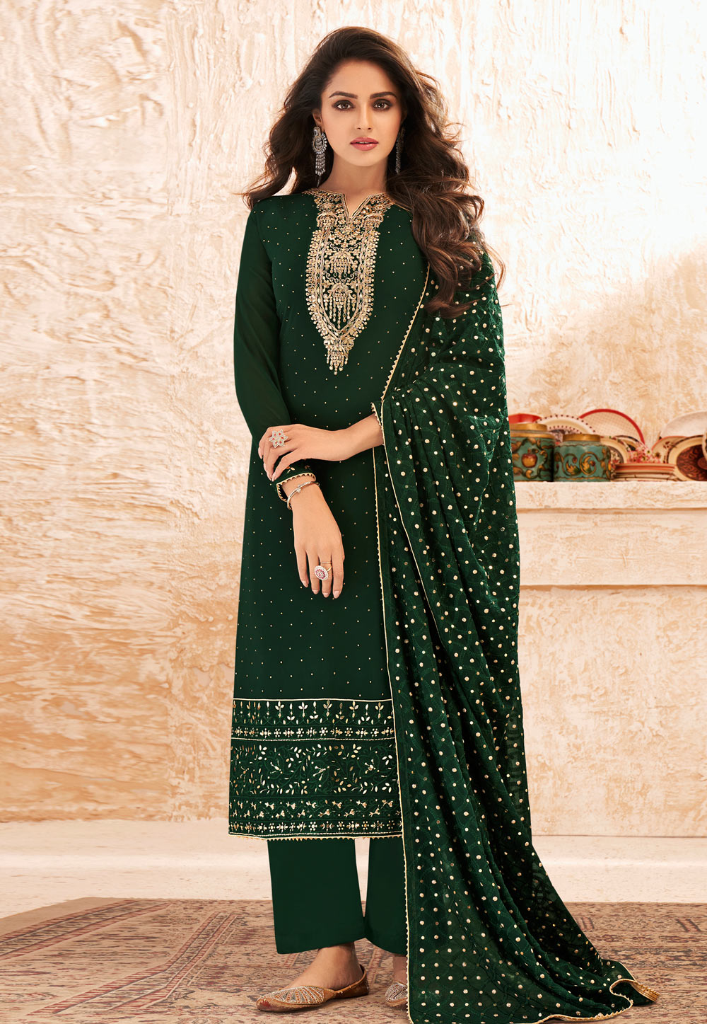 Green Georgette Palazzo Suit 223564