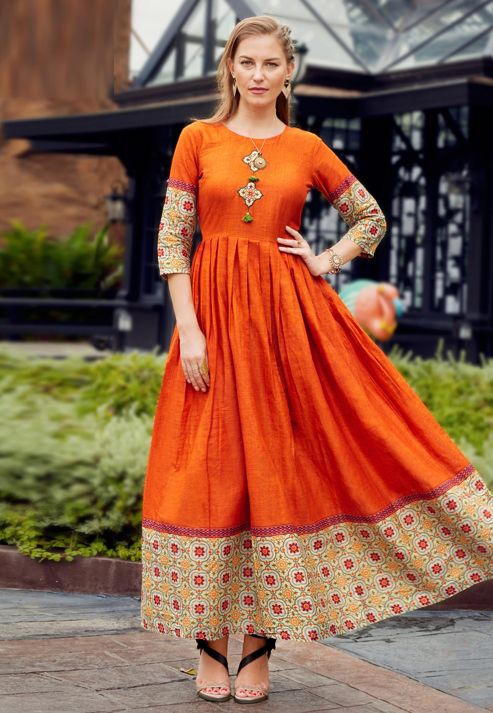 Orange Cotton Long Kurti 266511