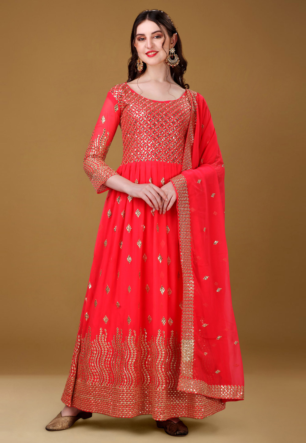 Red Faux Georgette Long Anarkali Suit 266543