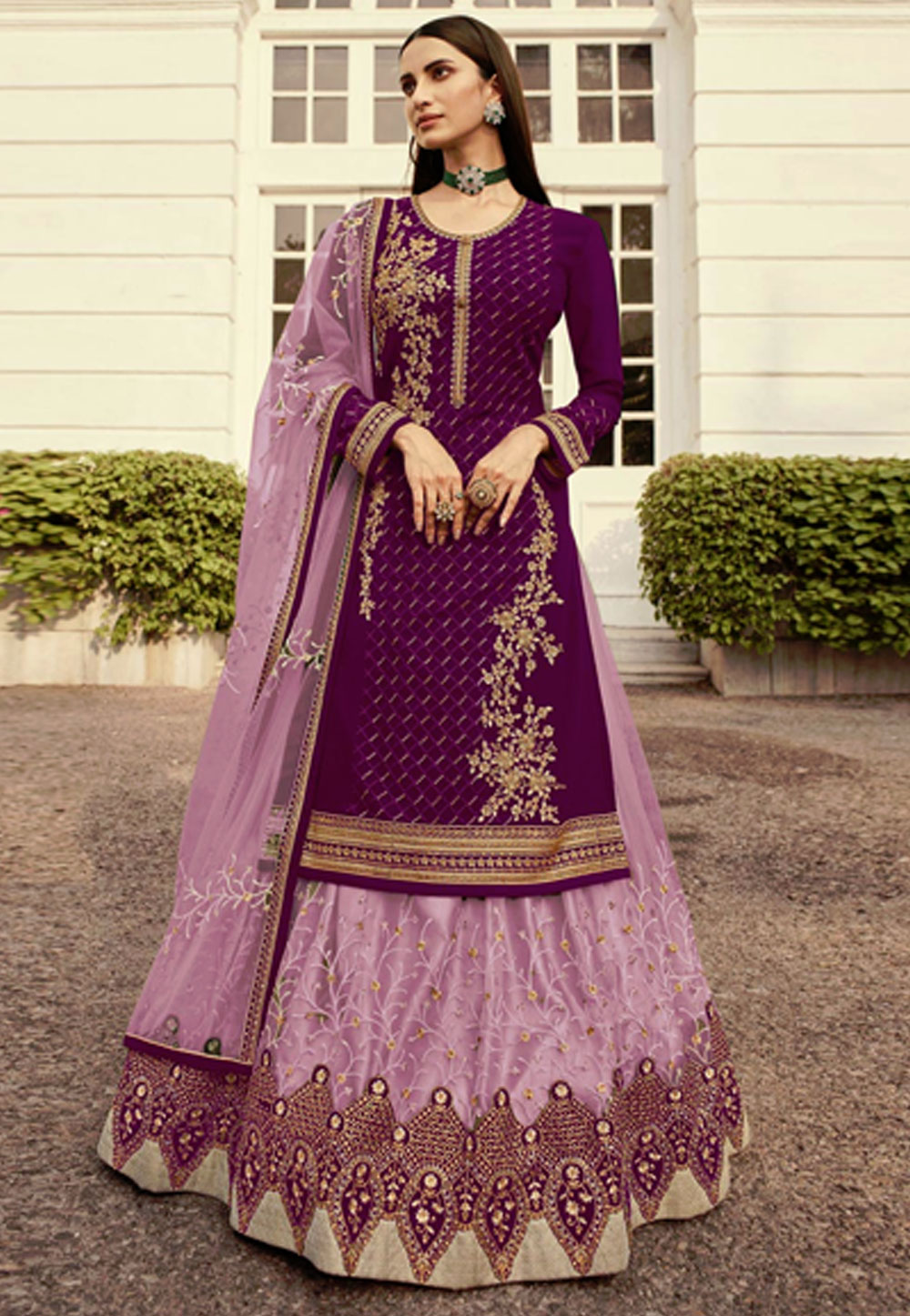 Purple Net Embroidered Long Choli Lehenga 248371