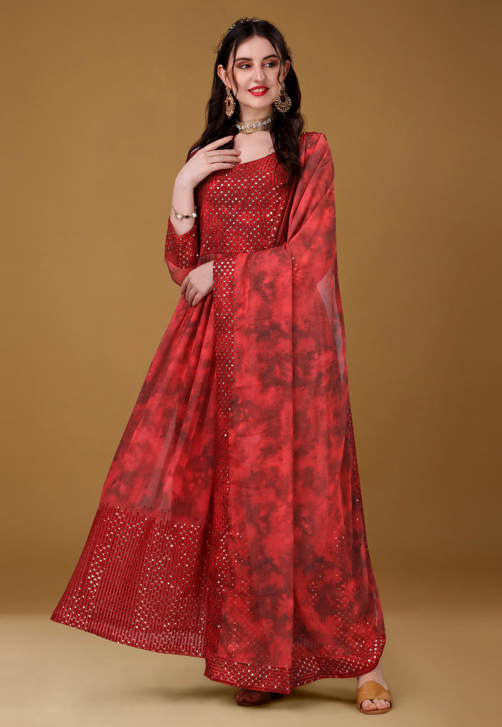 Maroon Faux Georgette Abaya Style Anarkali Suit 266544