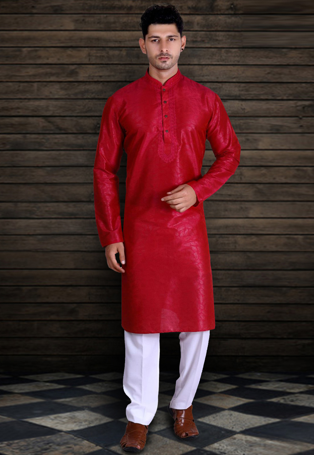 Red Art Silk Readymade Kurta Pajama 215760