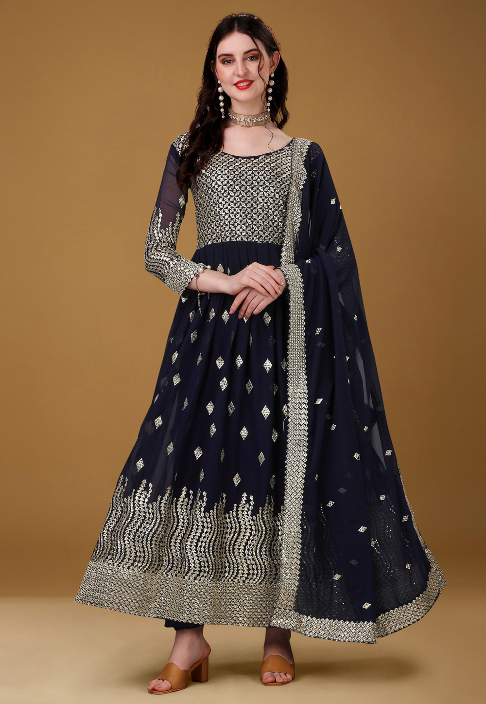 Navy Blue Faux Georgette Long Anarkali Suit 266545
