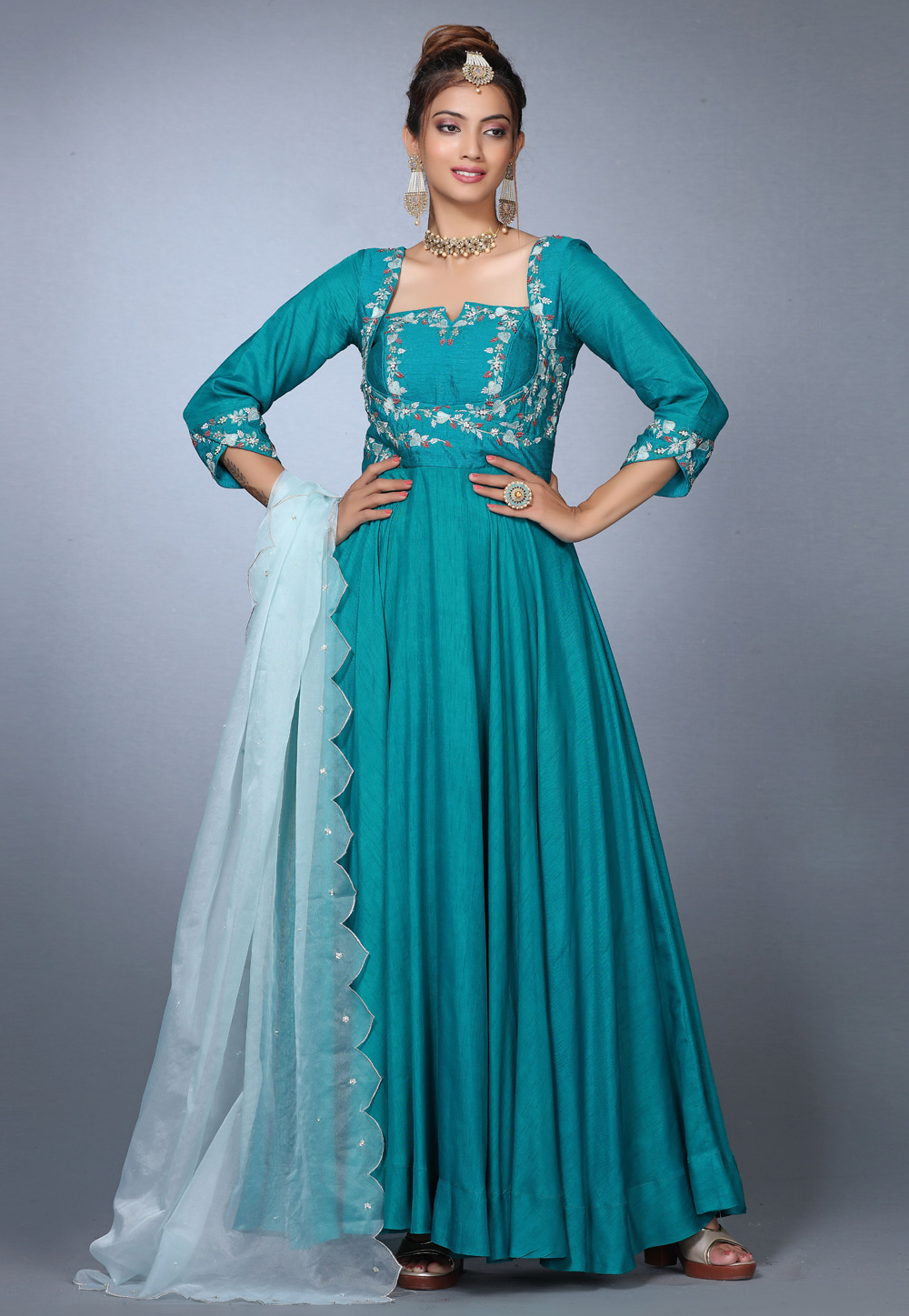 Turquoise Silk Long Anarkali Suit 271151