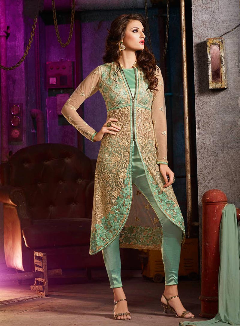 Light Green Silk Net Pakistani Style Suit 74412