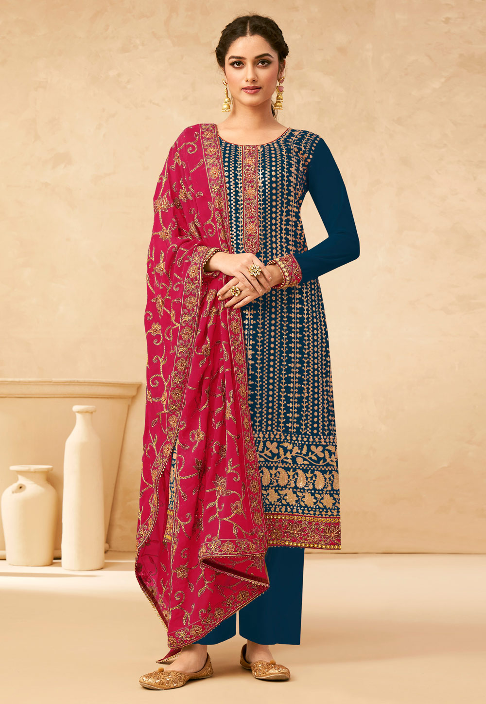 Navy Blue Georgette Palazzo Suit 236715