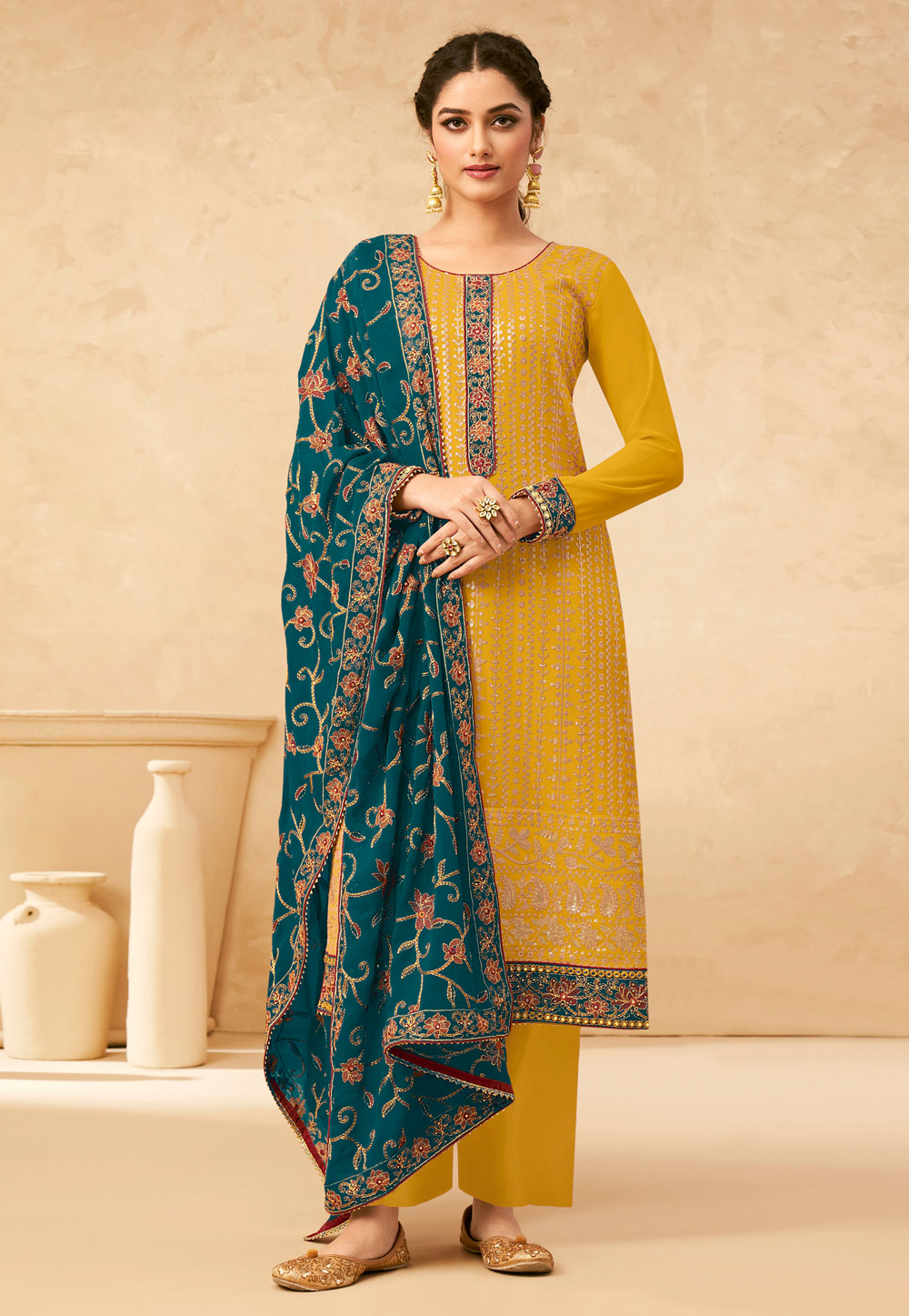 Yellow Georgette Palazzo Suit 236718