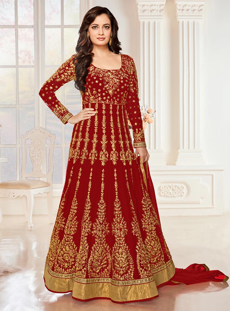 Dia Mirza Red Net Long Anarkali Suit 88473