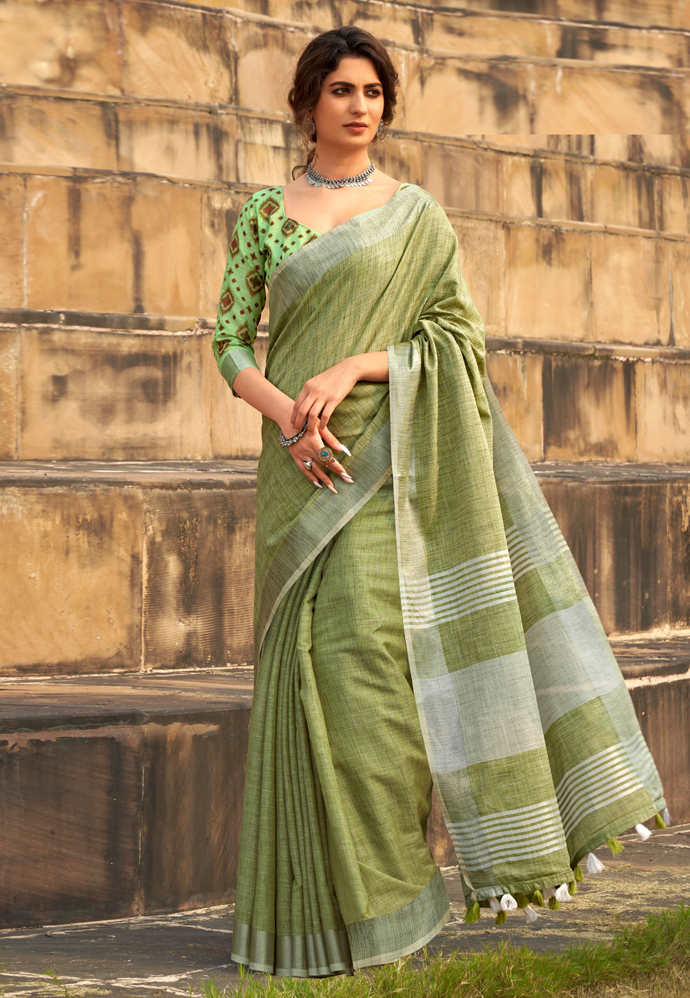 Pista Green Linen Saree With Blouse 275558