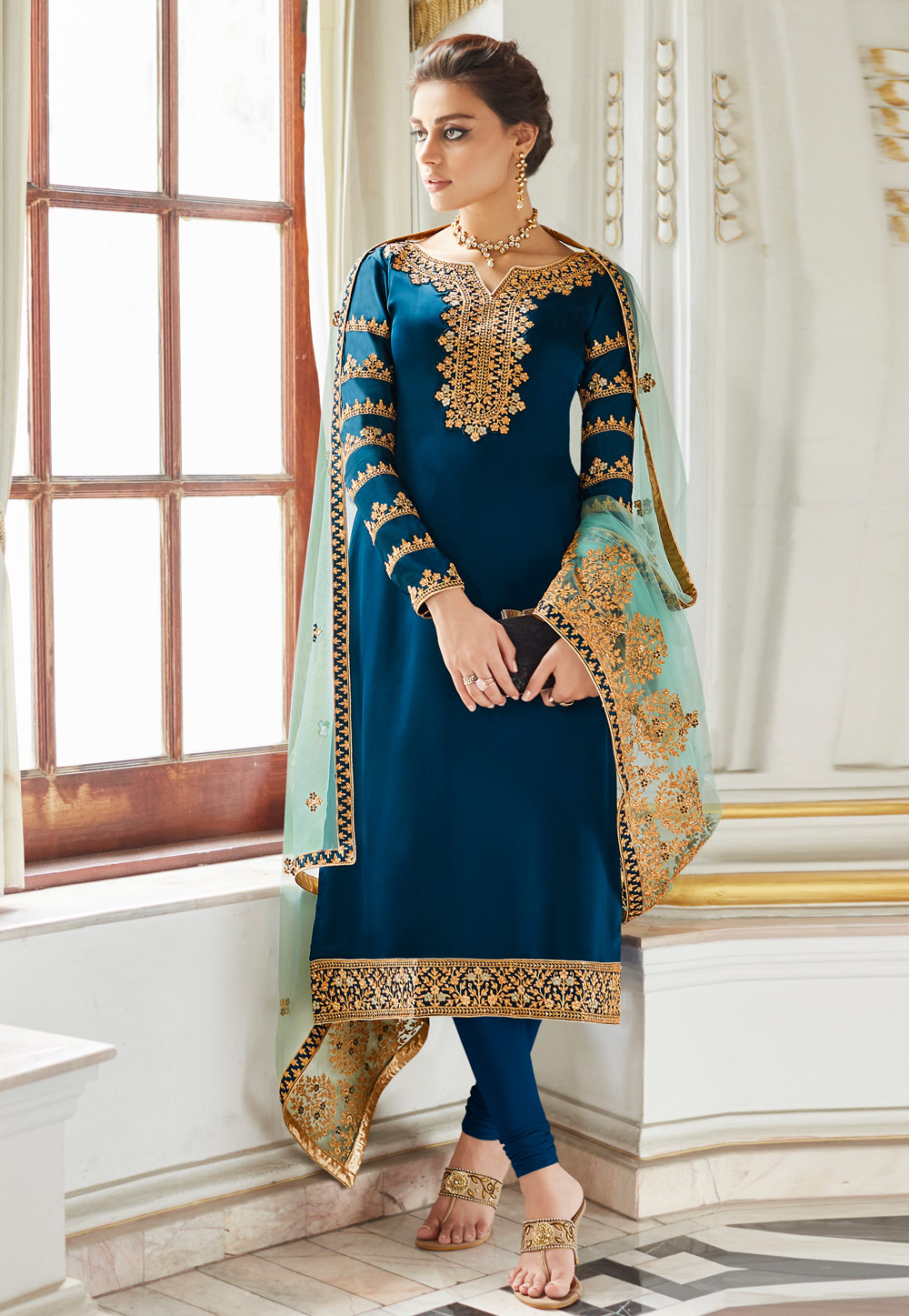 Blue Satin Embroidered Churidar Suit 184310