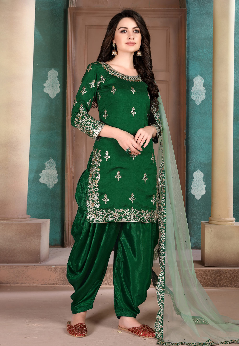 Green Art Silk Embroidered Punjabi Suit 203217