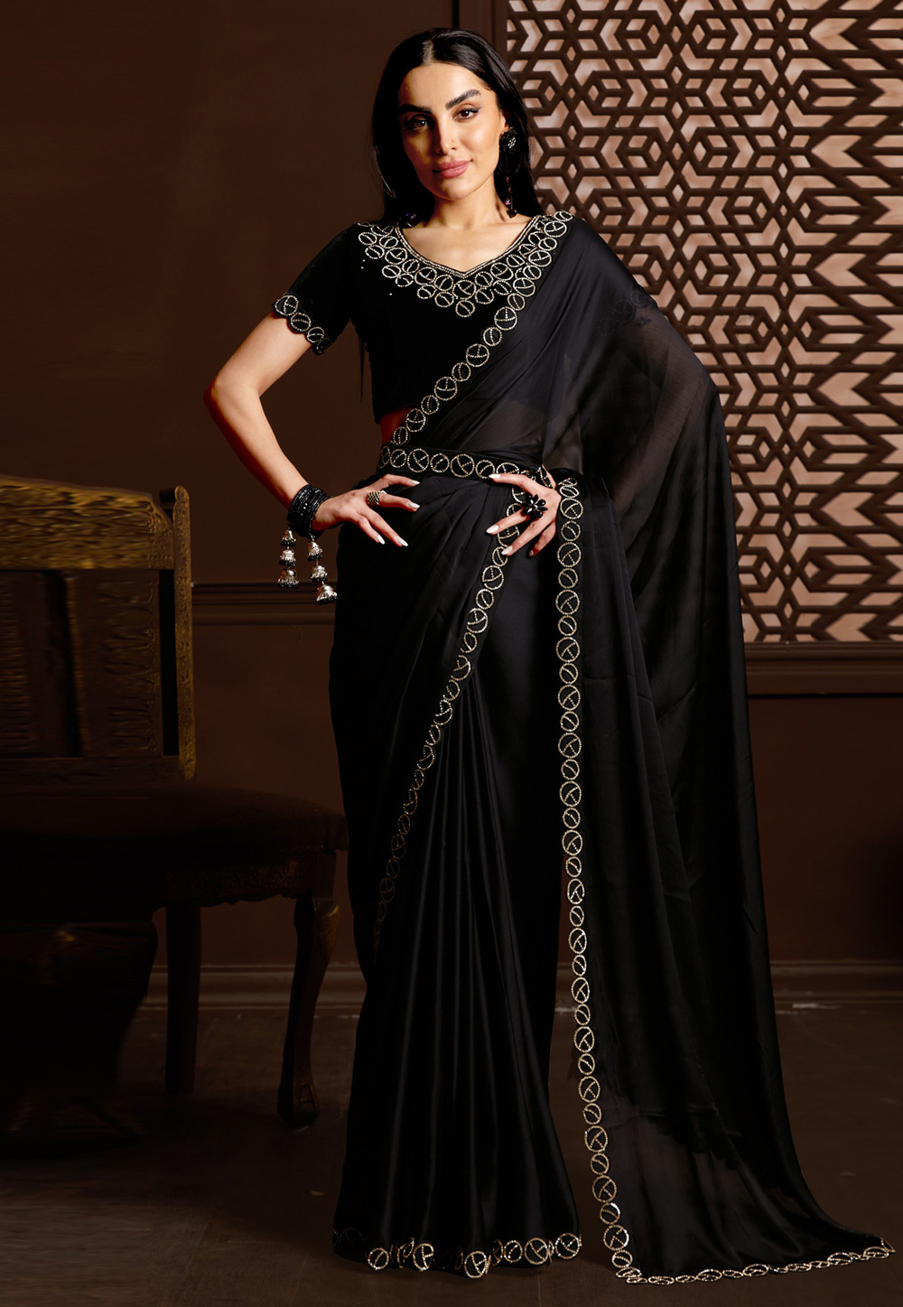 Black Satin Silk Saree With Blouse 266363