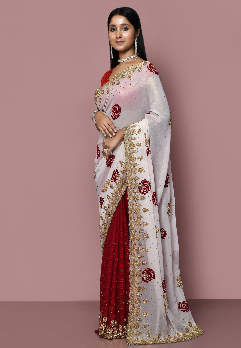 White Shimmer Georgette Half N Half Saree 267810