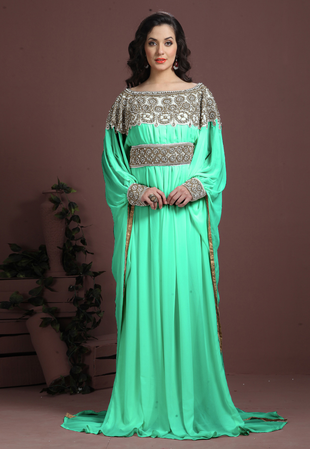 Light Green Georgette Embroidered Readymade Kaftan 194960