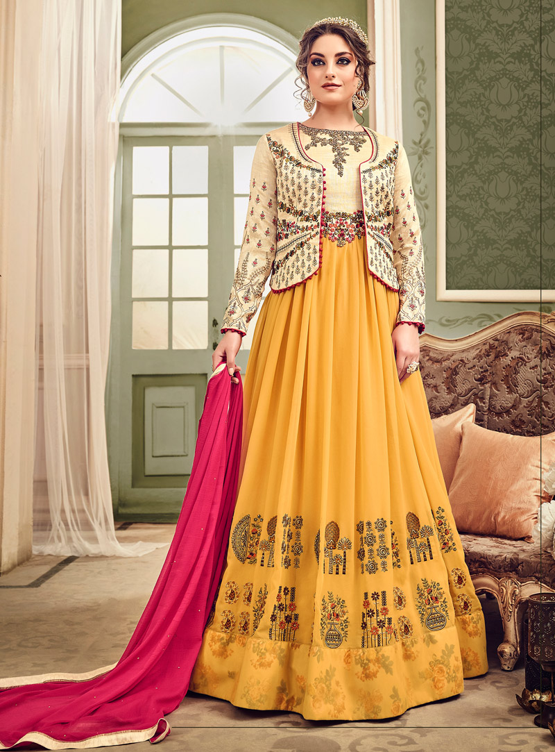 Yellow Faux Georgette Floor Length Anarkali Suit With Jacket 126721
