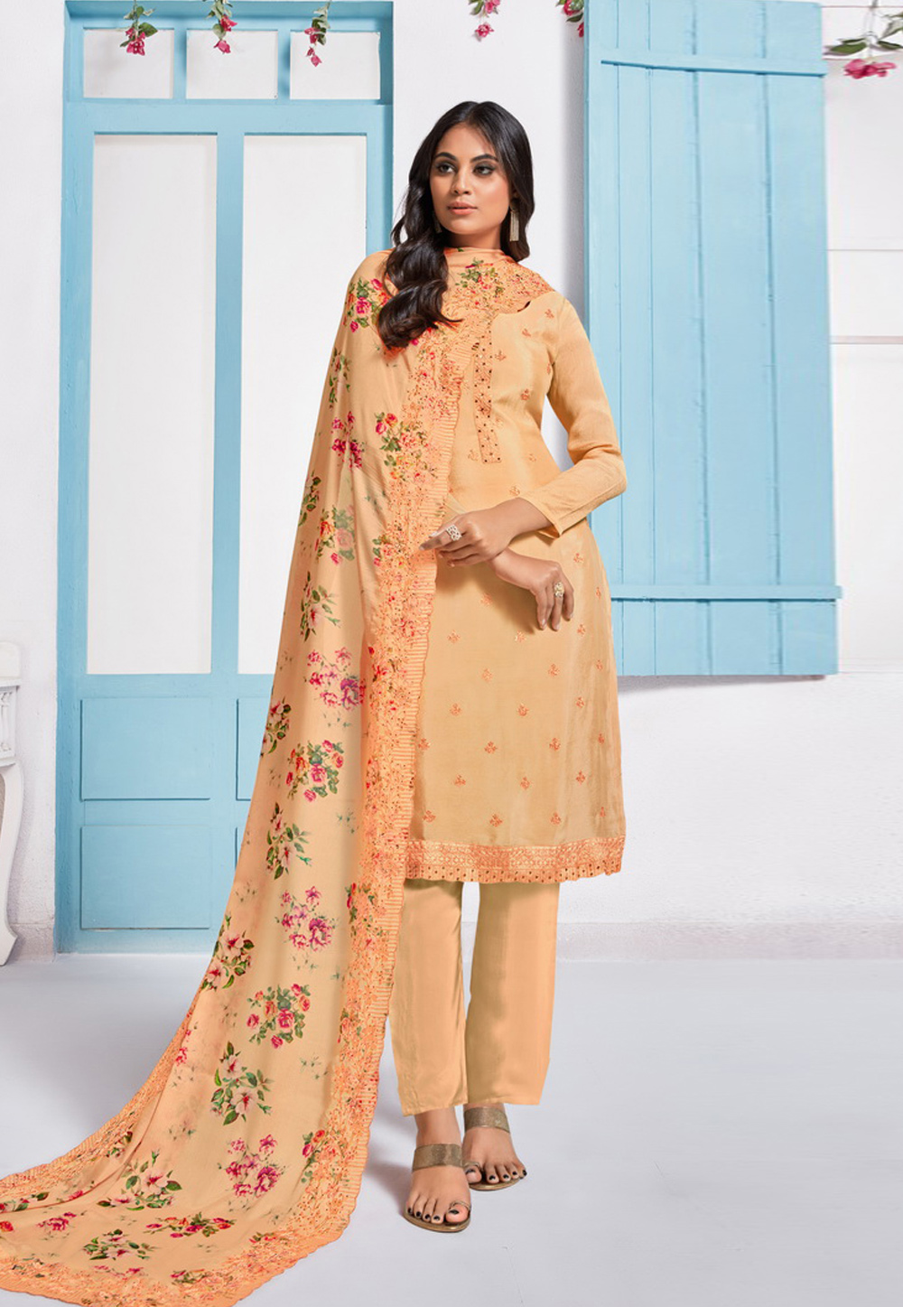 Peach Chinon Kameez With Pant 210441