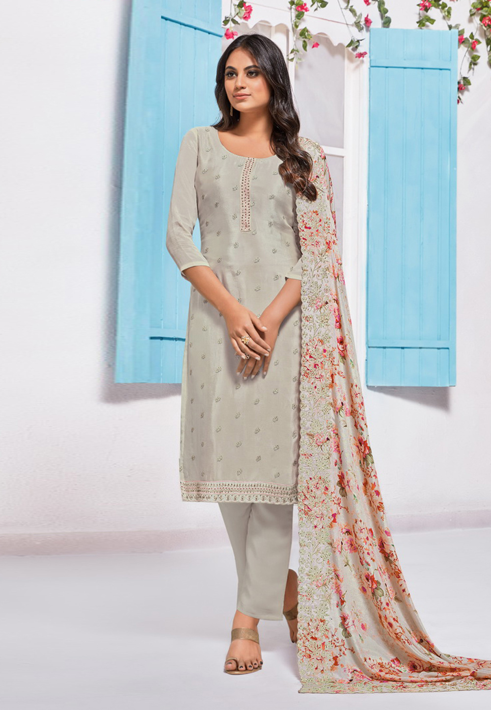 Grey Chinon Kameez With Pant 210443