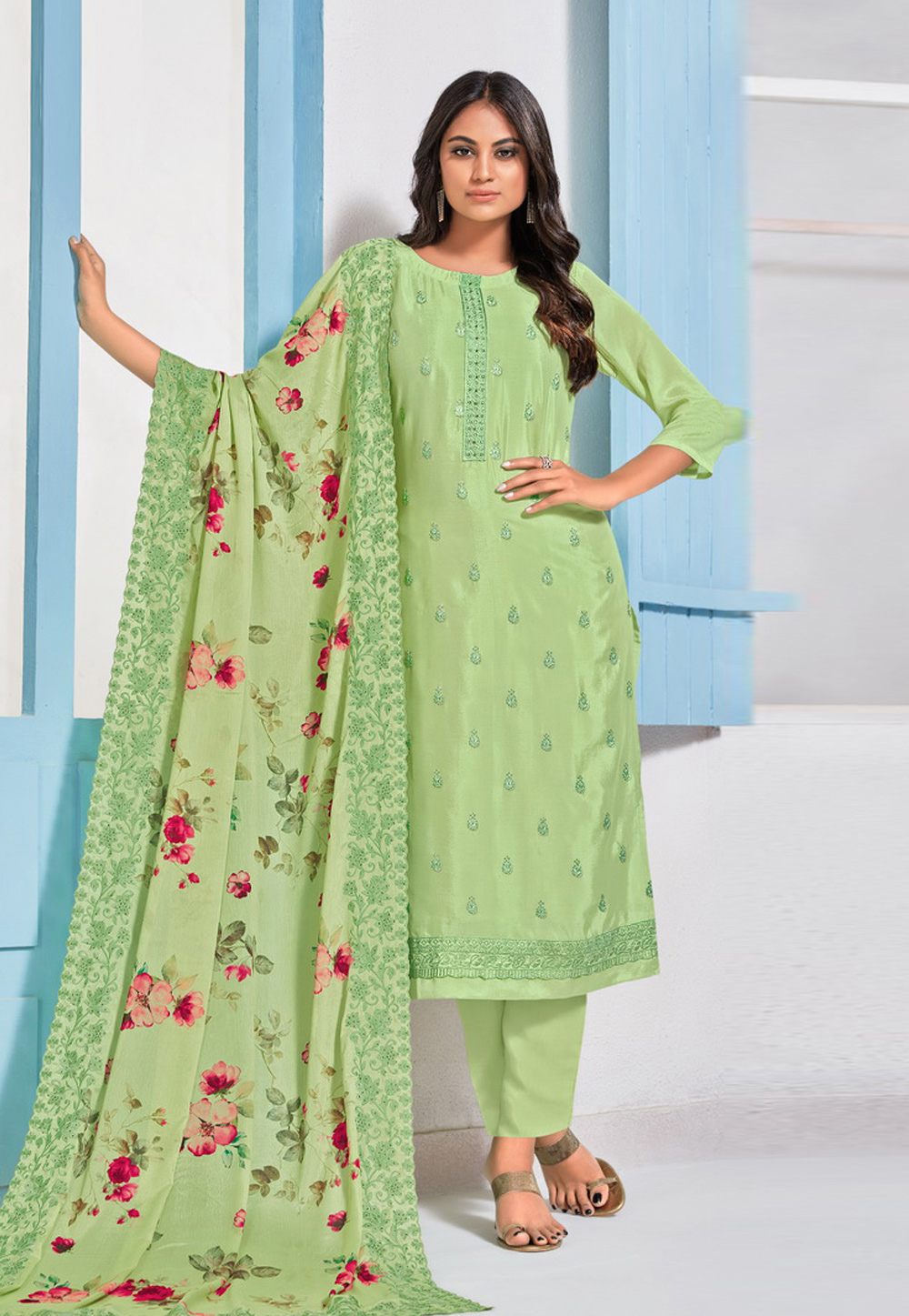 Light Green Chinon Kameez With Pant 210445