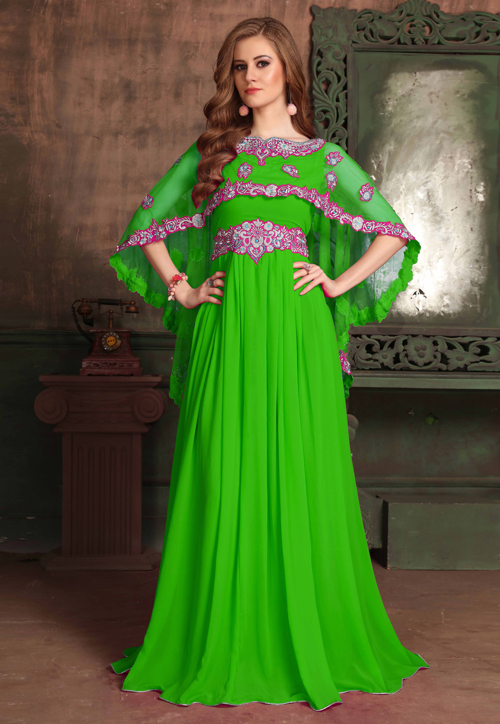 Green Georgette Embroidered Readymade Kaftan 194983