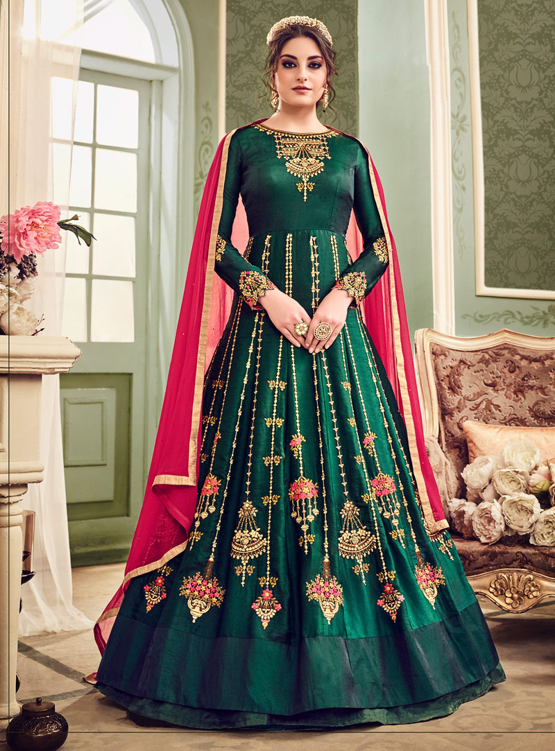 Green Silk Floor Length Anarkali Suit 126723