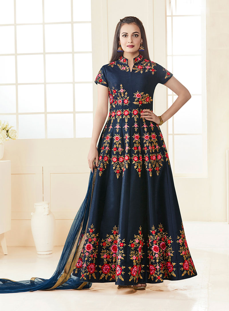 Dia Mirza Navy Blue Silk Embroidery Work Long Anarkali Suit 91262