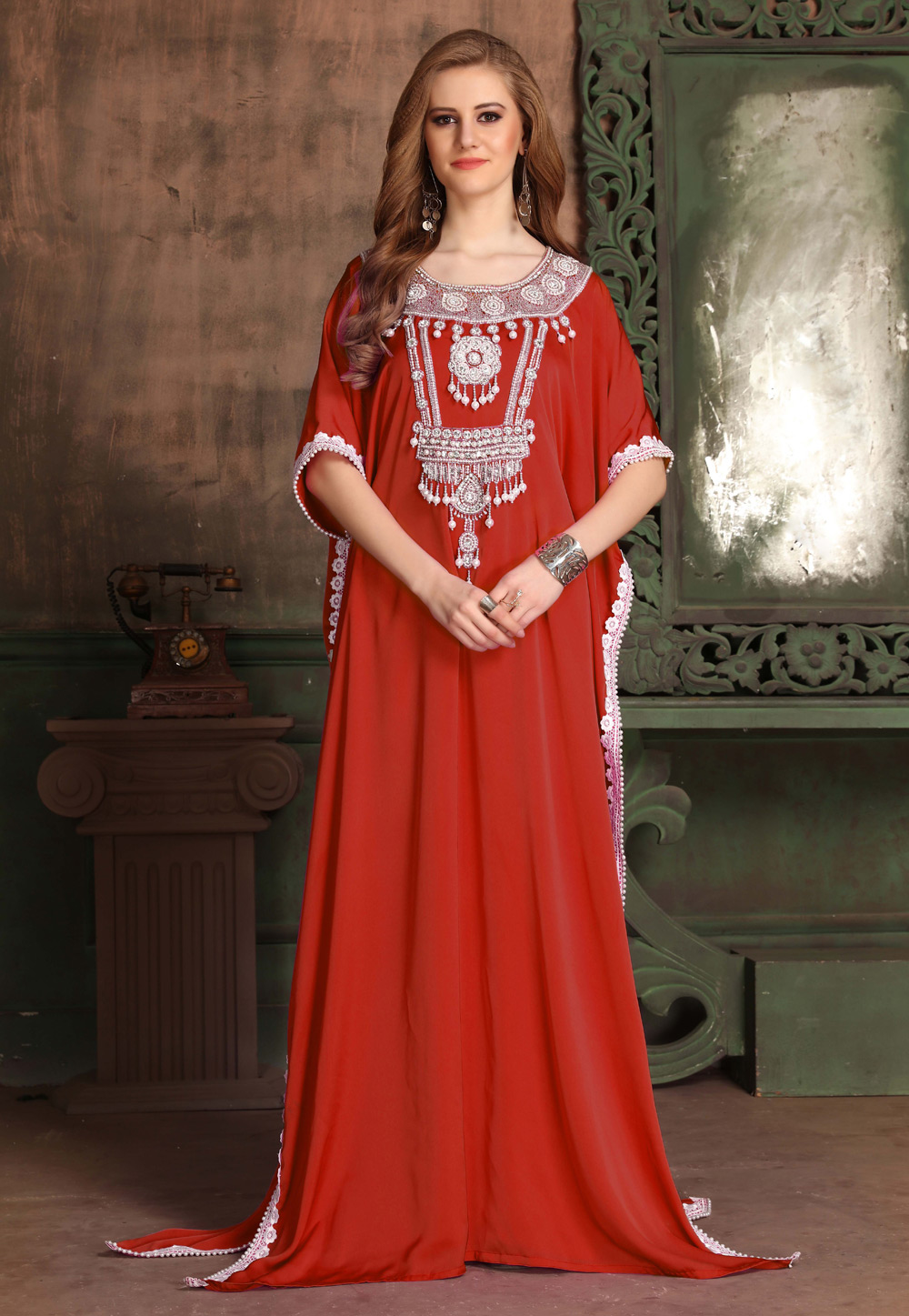 Red Satin Embroidered Readymade Farasha 195002