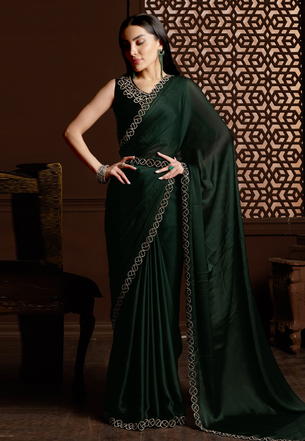 Green Satin Silk Saree With Blouse 266369