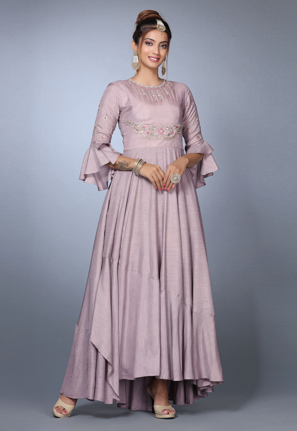 Light Pink Silk Long Anarkali Suit 271162