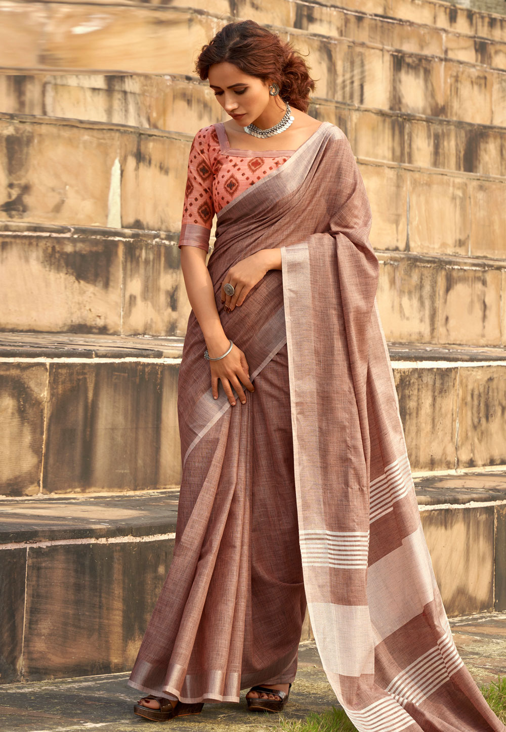 Brown Linen Saree With Blouse 275559