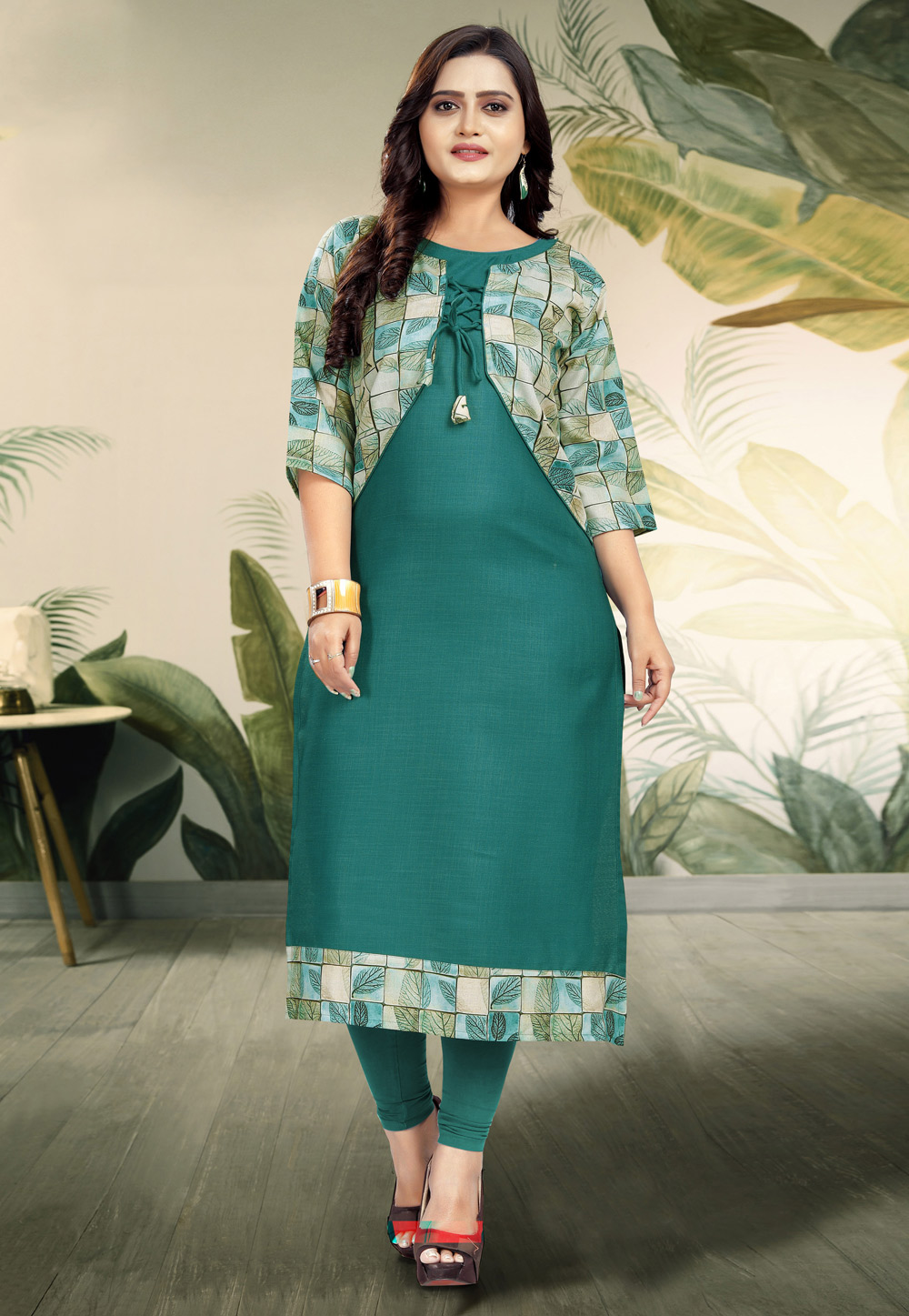 702112062021 Teal Cotton Kurti With Attached Jacket