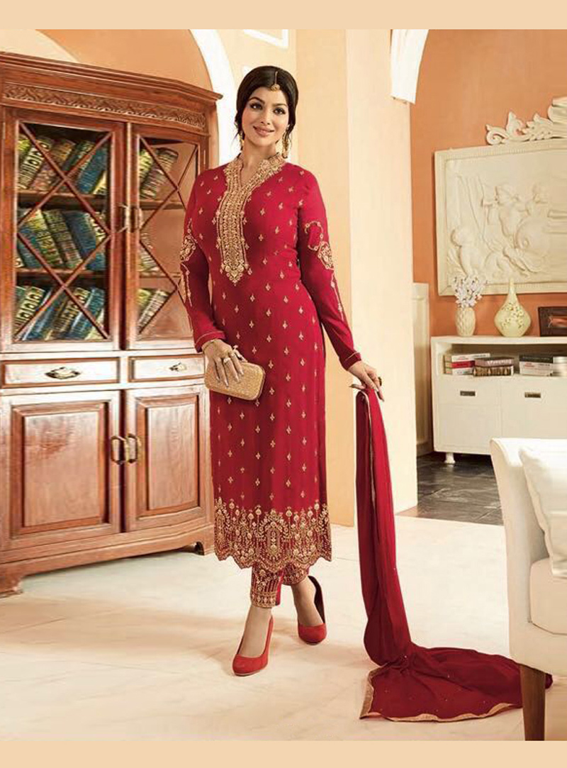 Ayesha Takia Red Georgette Pant Style Suit 102622