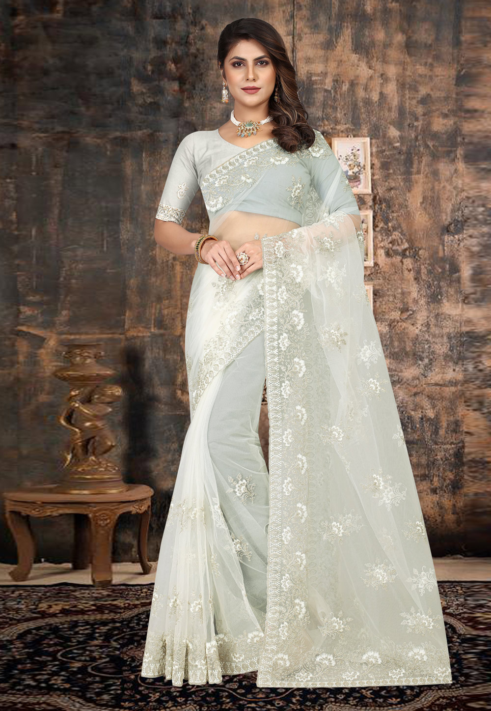 Off White Net Saree With Blouse 266531