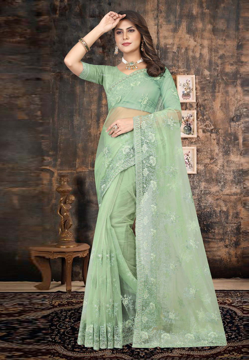 Pista Green Net Saree With Blouse 266532