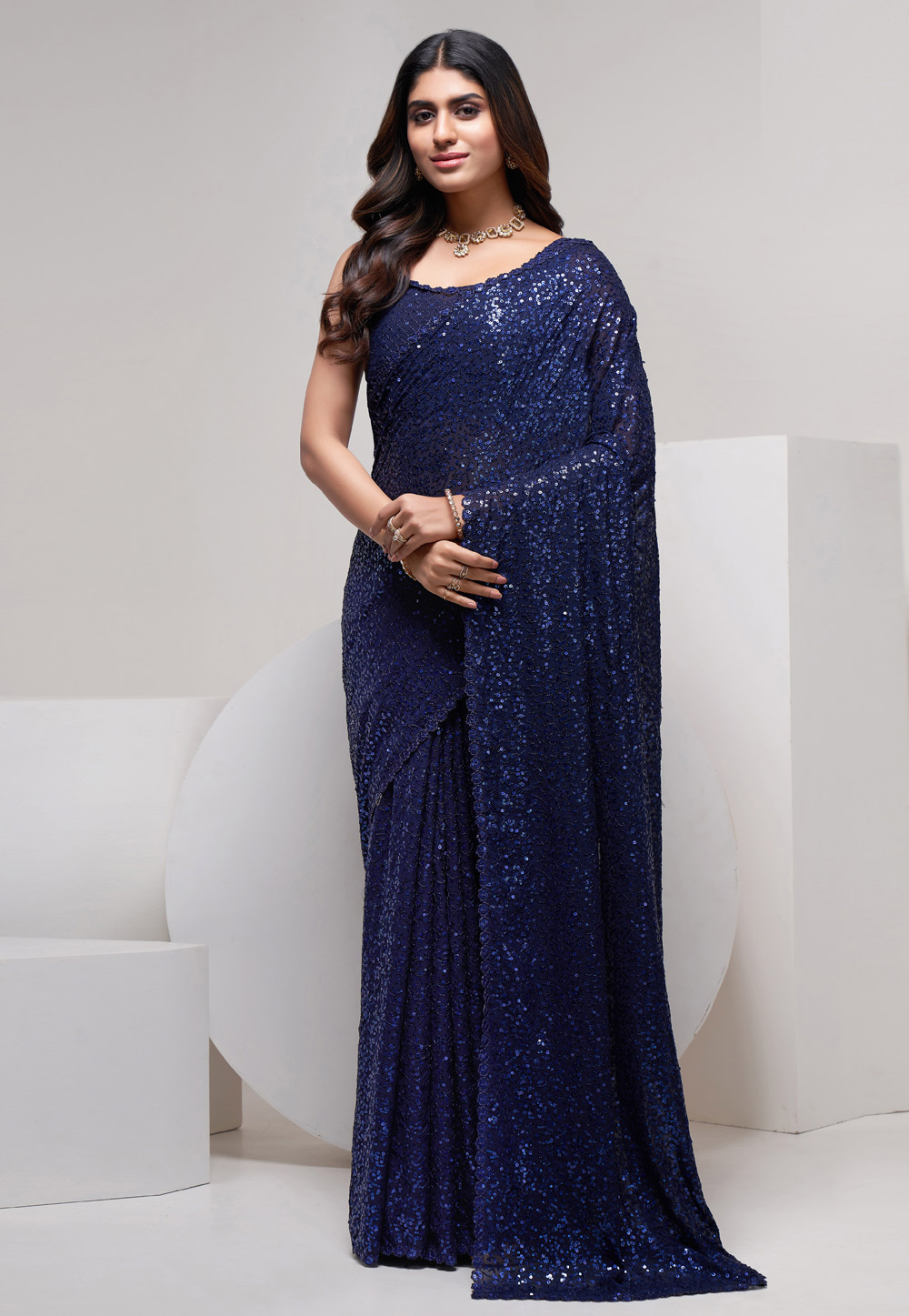 Navy Blue Georgett Saree With Blouse 260304