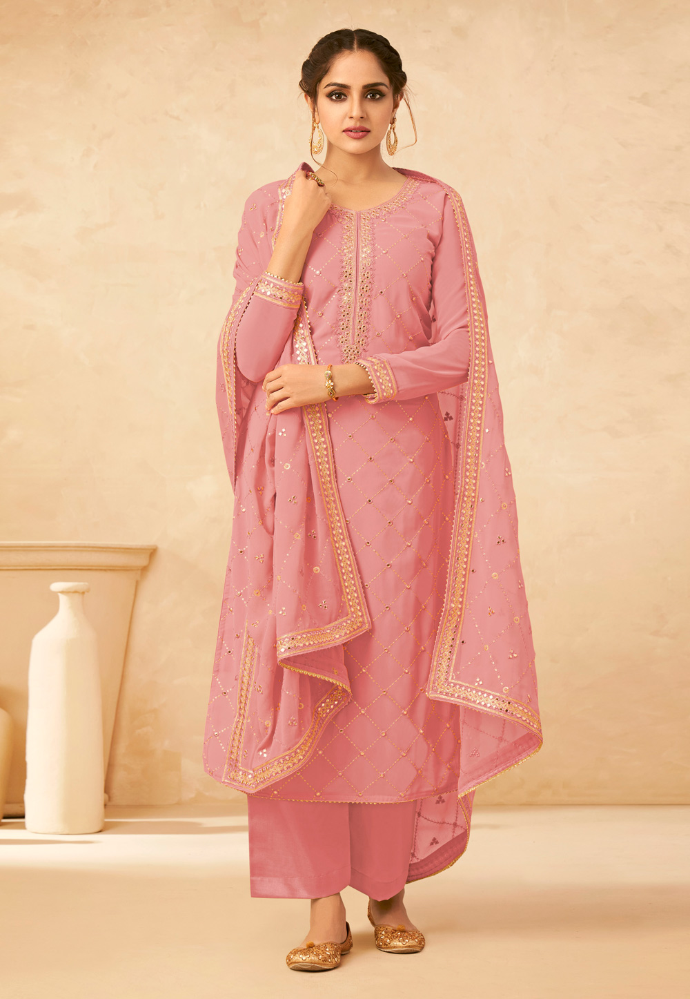 Pink Georgette Palazzo Suit 227624