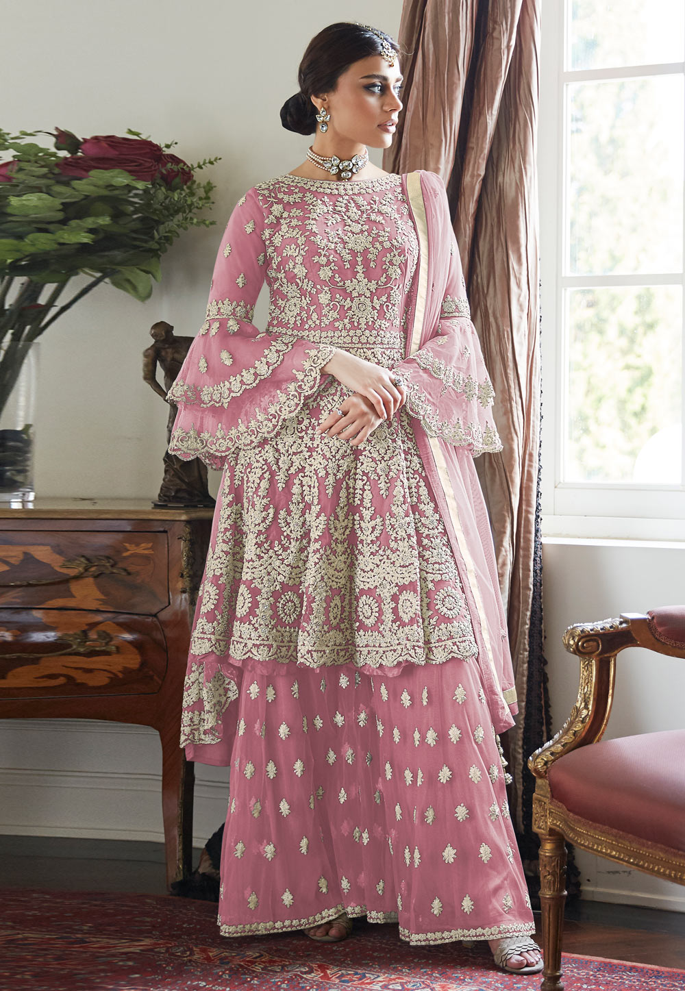 Pink Net Palazzo Suit 196408