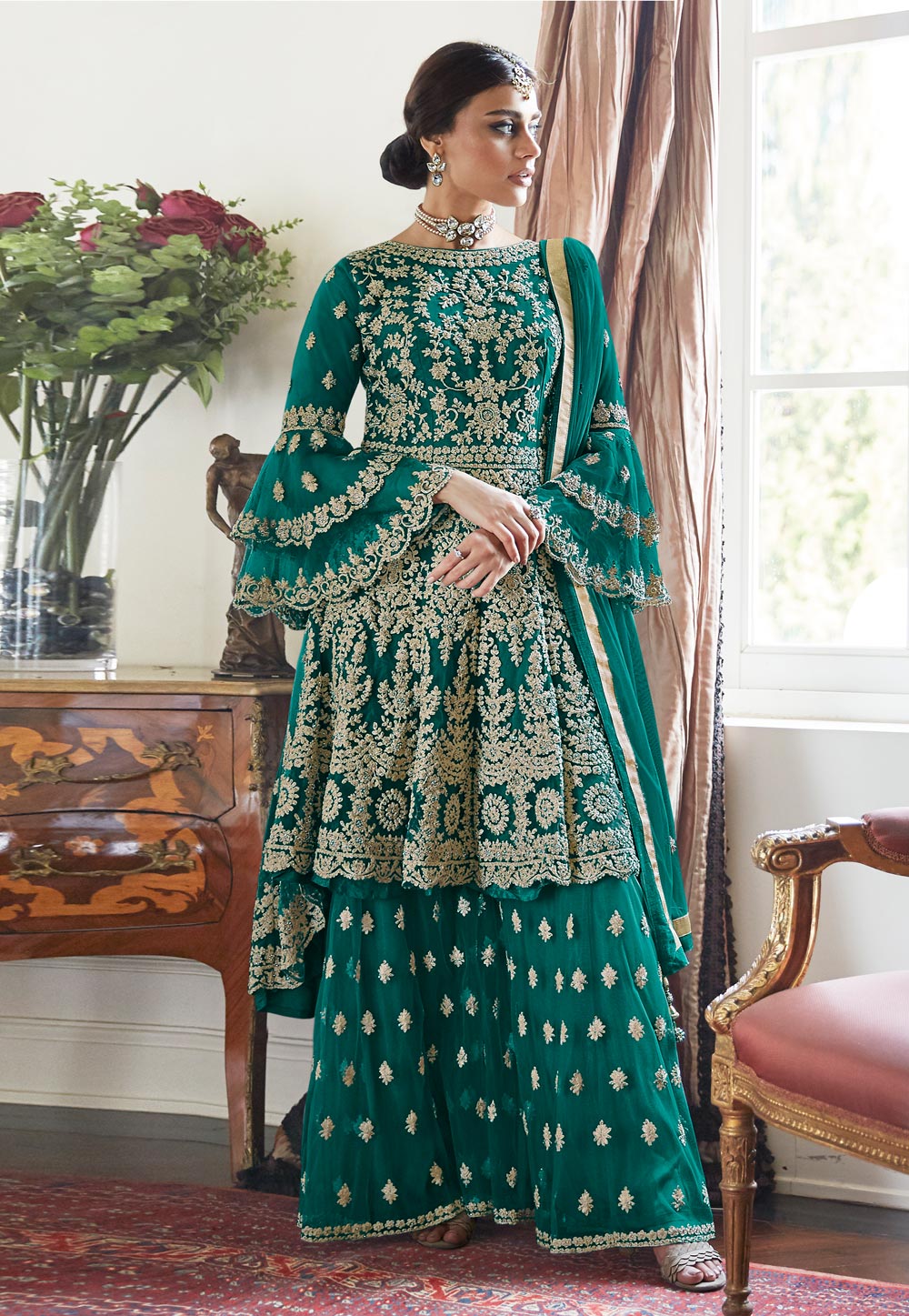 Teal Net Embroidered Palazzo Suit 210358