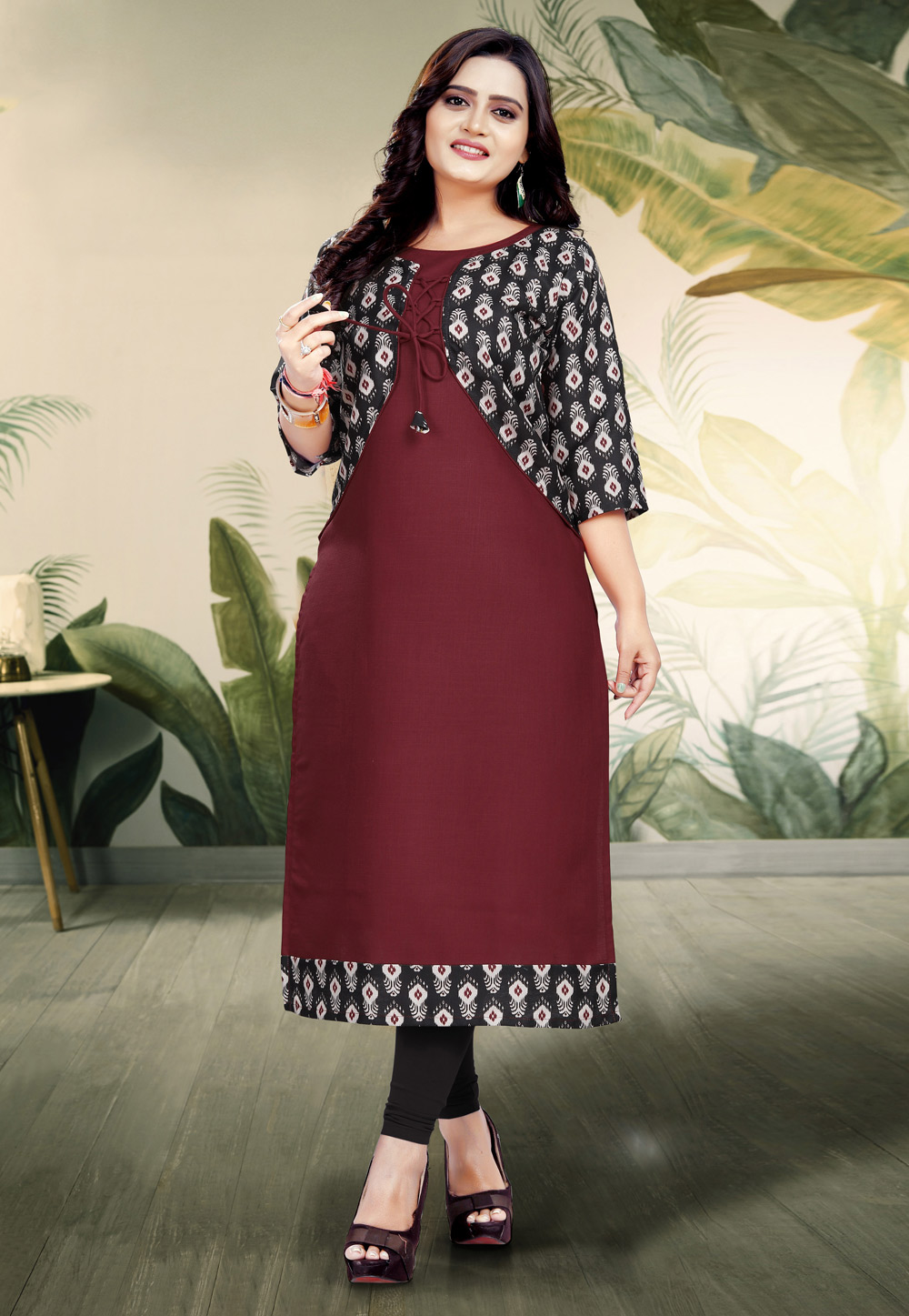 Maroon Cotton Tunic With Attached Jacket 225924
